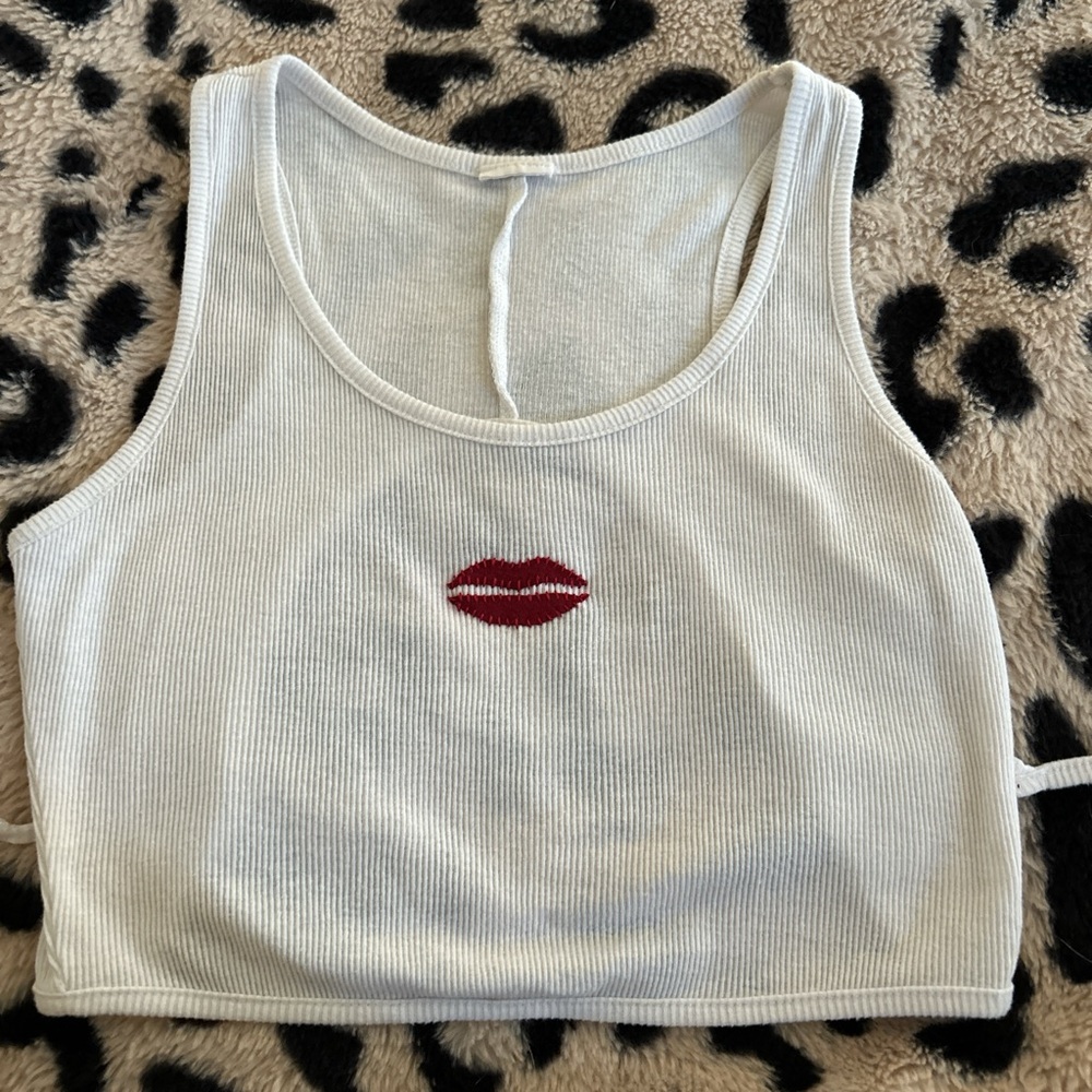 Backless White Crop Top with Red Lips